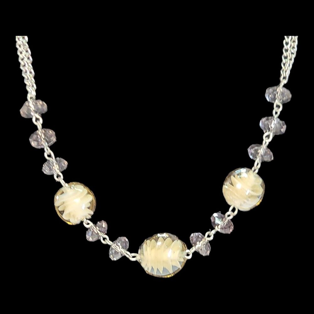 Silver Tone Crystal And Art‎ Glass Beaded Choker Collar Necklace 14"-17"